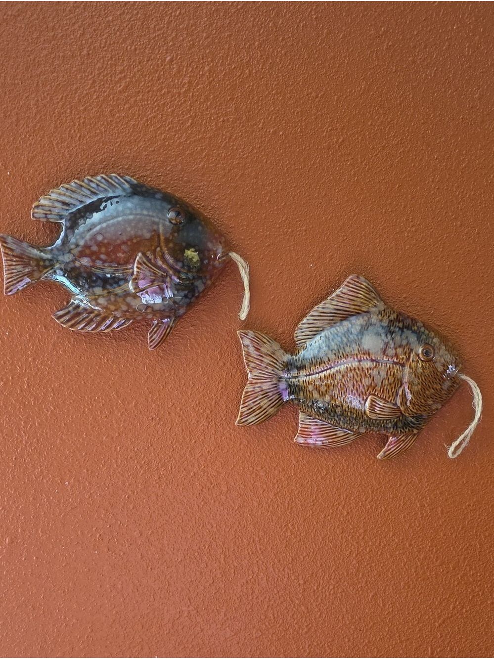 Vintage Studio Pottery Glazed Ceramic Fish Wall Hangings Plaques (Set of 2)